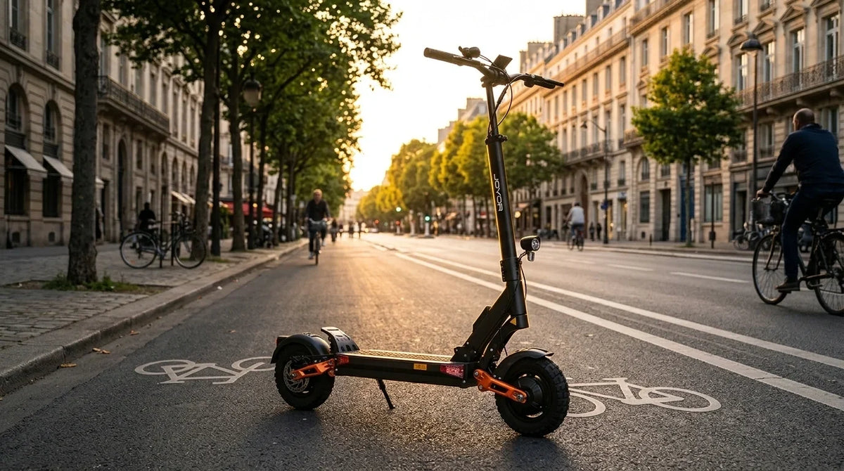 Joyor electric scooter EU compliance guide showing European road legal speed settings, ABE certification details, and replacement controller assembly.