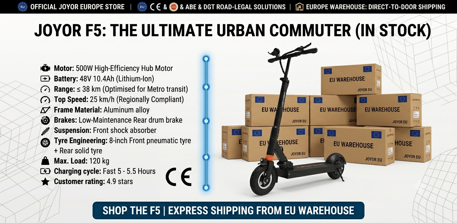 Official Joyor F5 electric scooter in stock at the Europe warehouse, featuring fast duty-free shipping, 500W motor, and 1-year official warranty.
