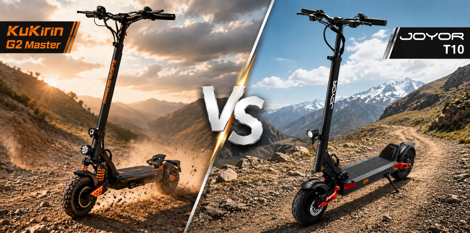 JOYOR T10 vs KuKirin G2 Master electric scooter comparison on road and off-road terrain