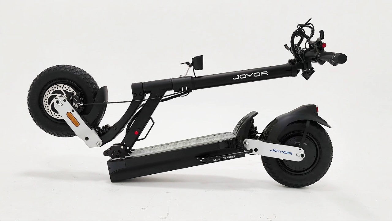 Side-by-side comparison of the JOYOR T12 single motor and JOYOR T12 Ultra dual motor off-road electric scooters.