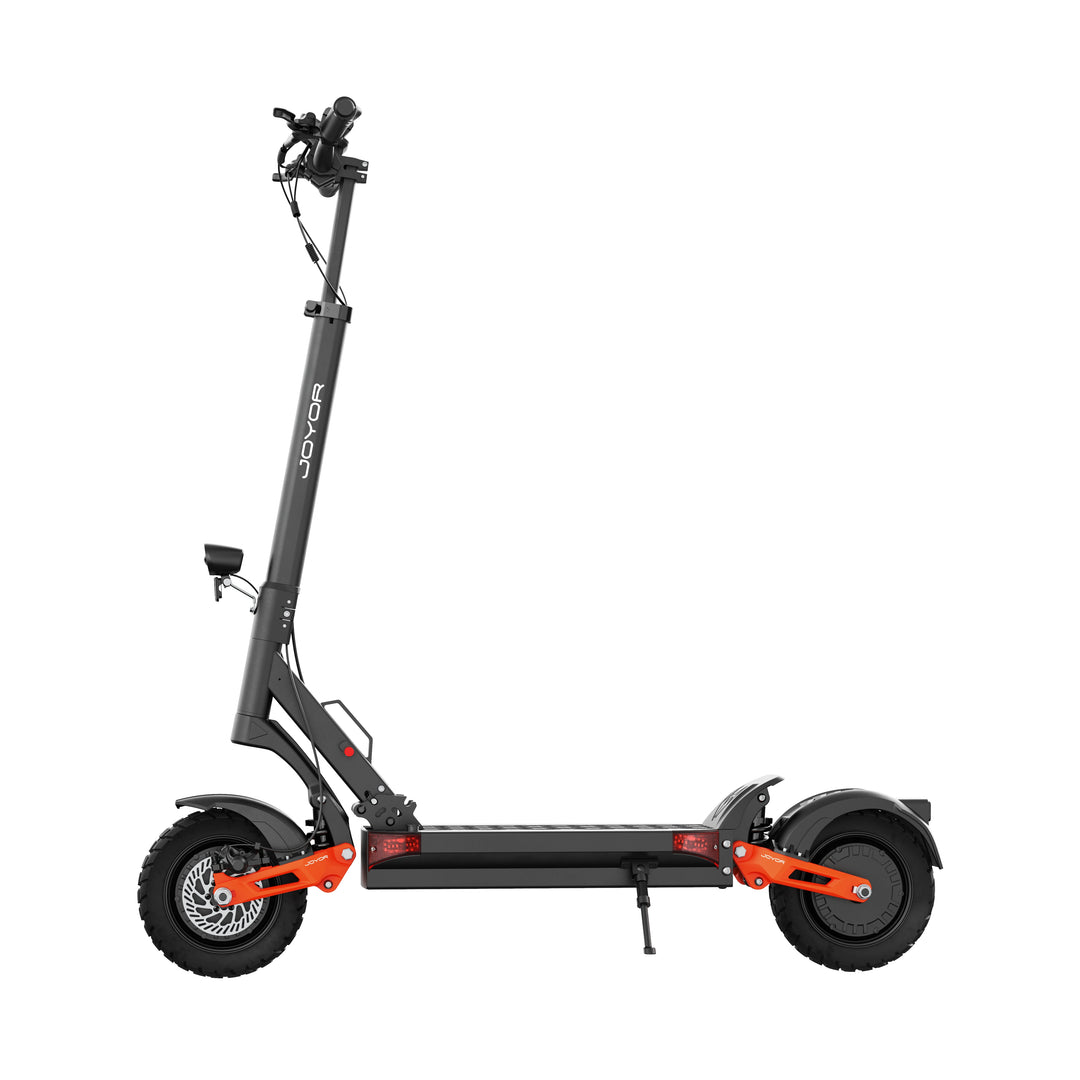 Full left side profile of Joyor T10 dual motor electric scooter with premium finish.