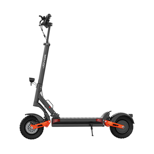 Full left side profile of Joyor T10 dual motor electric scooter with premium finish.