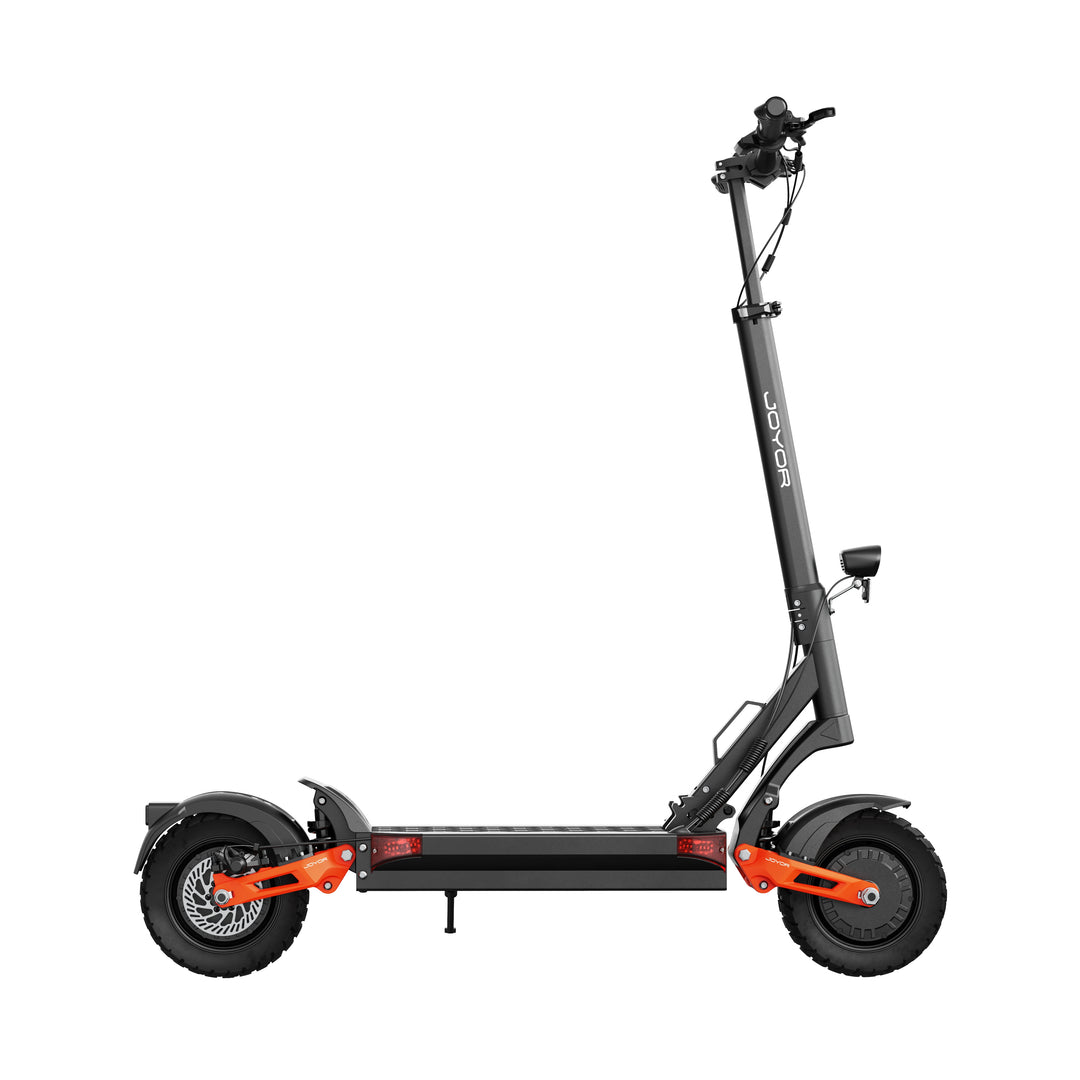 Right side profile of Joyor T10 electric scooter showing deck length and chassis geometry.
