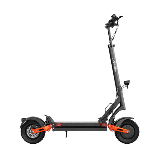 Right side profile of Joyor T10 electric scooter showing deck length and chassis geometry.