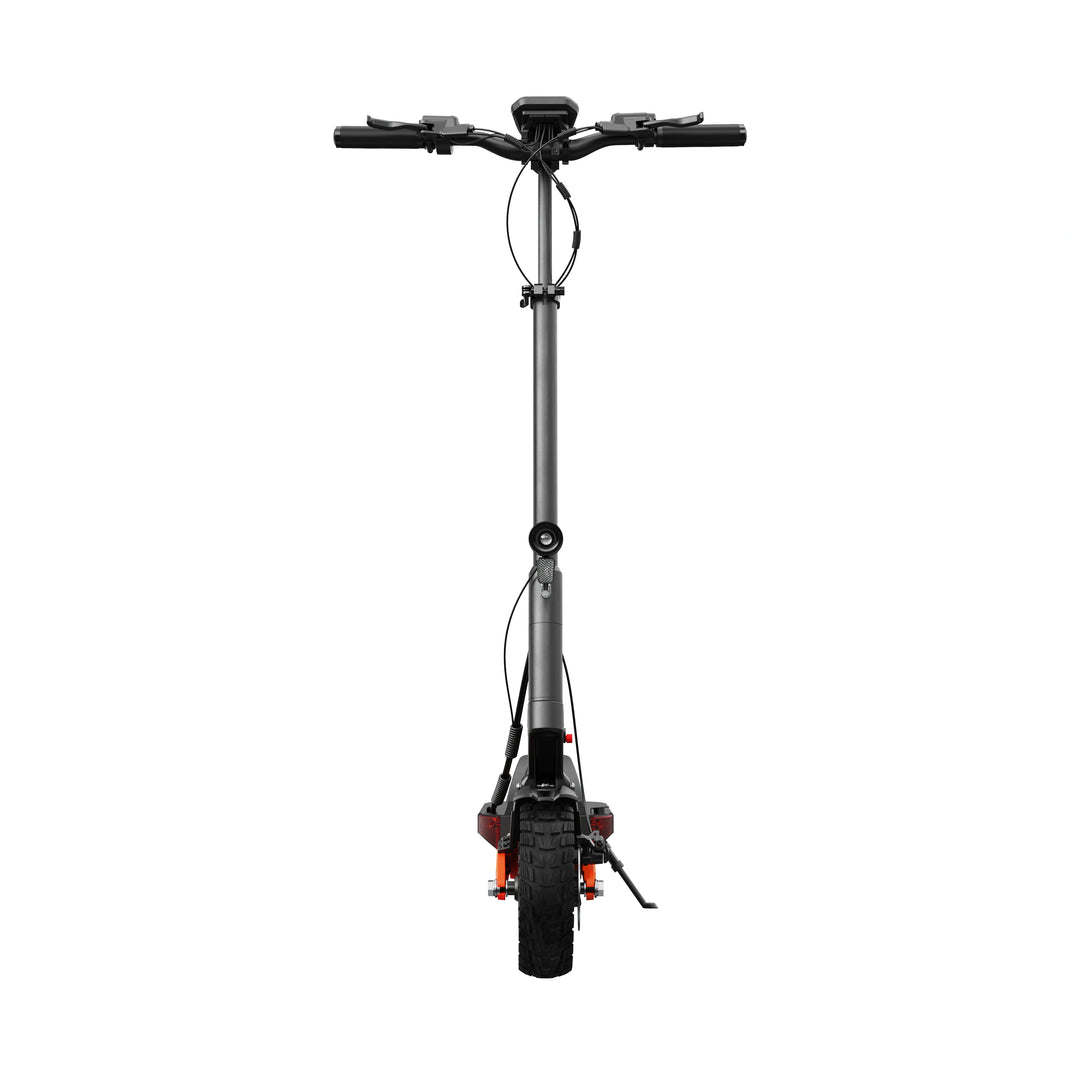 Front view of Joyor T10 electric scooter featuring bright LED headlight and sturdy steering stem.