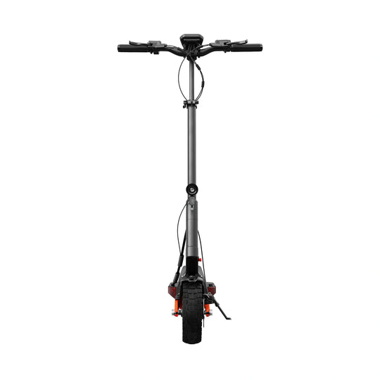 Front view of Joyor T10 electric scooter featuring bright LED headlight and sturdy steering stem.