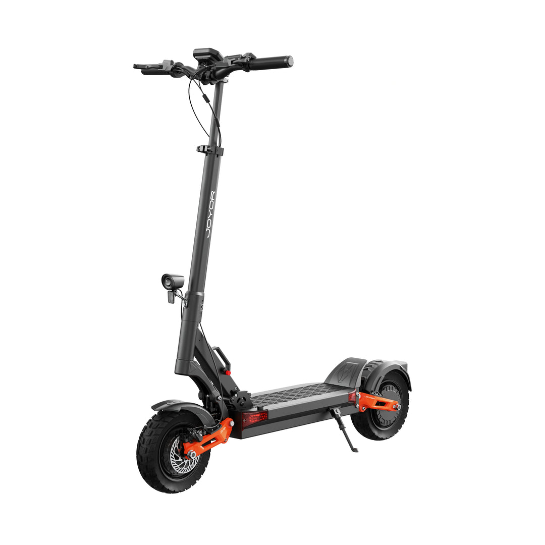 Left front angle view of Joyor T10 electric scooter highlighting hydraulic front suspension.