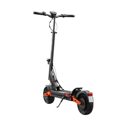 Left rear angle view of Joyor T10 showing kickstand and rear motor hub wheel structure.