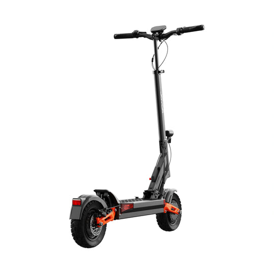 Rear three-quarter view of Joyor T10 electric scooter displaying dual swingarm and brake discs.